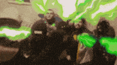 a group of people are posing for a picture with green smoke coming out of their faces