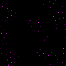 purple dots on a black background with the letter r