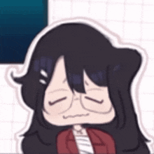 a cartoon girl with long black hair and glasses is making a sad face .