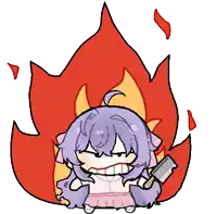 a cartoon drawing of a girl with purple hair holding a knife in front of a fire