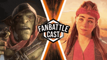 a goblin and a woman are featured on a fan battle cast poster