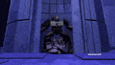 a purple robot is standing in front of a building with ngsmoov.com written on the bottom