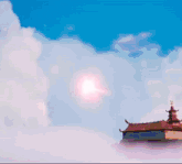 a painting of a lightning strike with a chinese building in the foreground