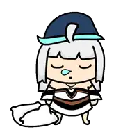 a cartoon of a girl with white hair and a blue hat sleeping next to a pillow