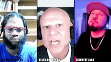 three men with beard and headphones are talking to each other .