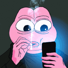 a pink cartoon character smoking a cigarette and looking at a cell phone