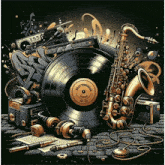 an illustration of a saxophone headphones and a record labeled orchestra