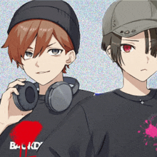 a boy wearing headphones stands next to a girl wearing a black shirt that says backd