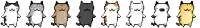 a row of pixel art cats in different colors