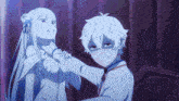 a boy and a girl are standing next to each other and the girl is holding the boy 's arm