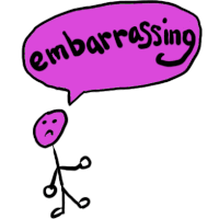 a stick figure with a sad face and a speech bubble that says " embarrassing "
