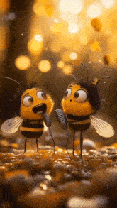 two bees singing into microphones on a pile of honey .
