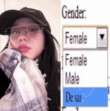 a woman wearing glasses is next to a screen that says gender female male de sai