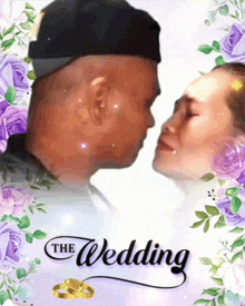 a man and a woman are kissing in front of purple flowers and the words the wedding