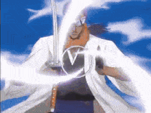 a pixelated image of a man holding a sword with the letter v on his chest