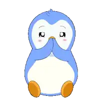 a blue penguin with pink bubbles around it covering its eyes
