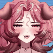 a close up of a cartoon character with pink hair
