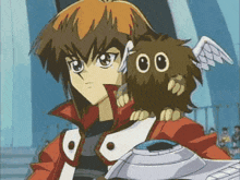 a cartoon character is holding an owl with wings on its back