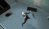 a man in a suit and tie is laying on the floor with blood on the floor