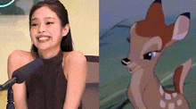 a woman is smiling next to a picture of a deer from disney .