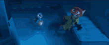 a fox and a rabbit are walking in the dark .