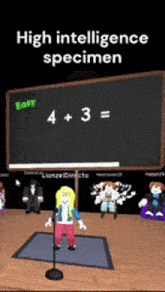 a girl is singing into a microphone in front of a blackboard that says " high intelligence specimen "