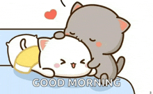 a couple of cats laying on top of each other on a bed with the words `` good morning '' written on the bottom .