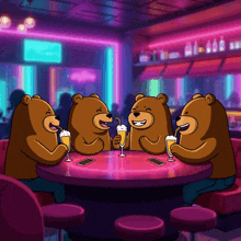 a group of bears are sitting around a table drinking milkshakes