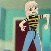 a cartoon girl is wearing a black and yellow striped shirt and blue jeans