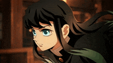 a girl with long black hair and blue eyes looks angry