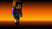 a cartoon character from minecraft is standing in front of a yellow and orange background .
