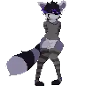 a pixel art drawing of a raccoon with purple ears and a purple tail .