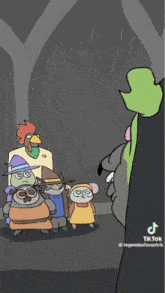 a group of cartoon characters are standing next to each other in a forest .