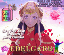 a picture of edelgard from fire emblem is surrounded by cheerios and a rainbow cat