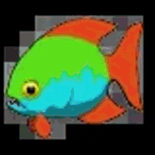 a pixel art of a green and blue fish with an orange tail