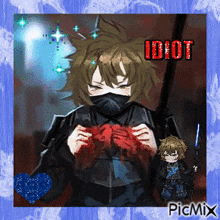 a picture of a girl knitting with the word idiot on it