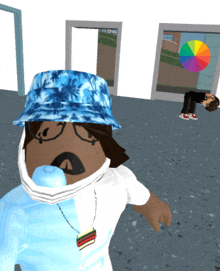 a cartoon character wearing a blue bucket hat and a white shirt