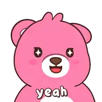 a pink teddy bear with the word yeah written on its chest