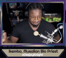 a picture of a man with headphones and a microphone with the name ikemba musalian bio priest on it