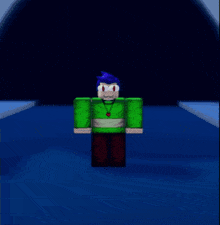 a cartoon character with a green shirt and red pants