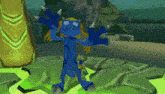 a blue and yellow video game character is standing on a green surface
