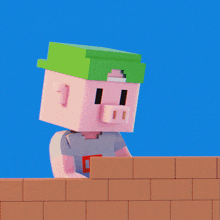 a pixelated pig is holding a brick and a speech bubble says bit by bit