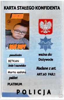 a picture of a boy with glasses is on a card that says karta stalego konidenta