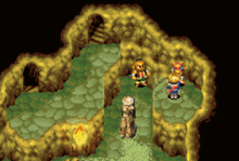 a screenshot of a video game shows a few characters standing in a cave