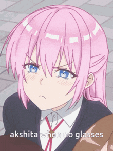 a girl with pink hair has the words akshita when no glasses written below her