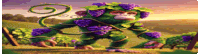 a monkey with purple grapes on its head is standing in a field .