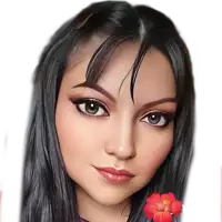 a close up of a woman 's face with a red flower in the background
