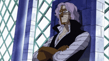 a cartoon character with chains around his arms stands in front of a window