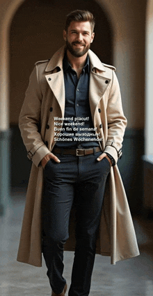 a man wearing a trench coat says weekend placut