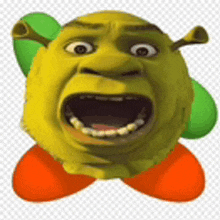 shrek is a cartoon character from the movie shrek with balloons around his head and feet .